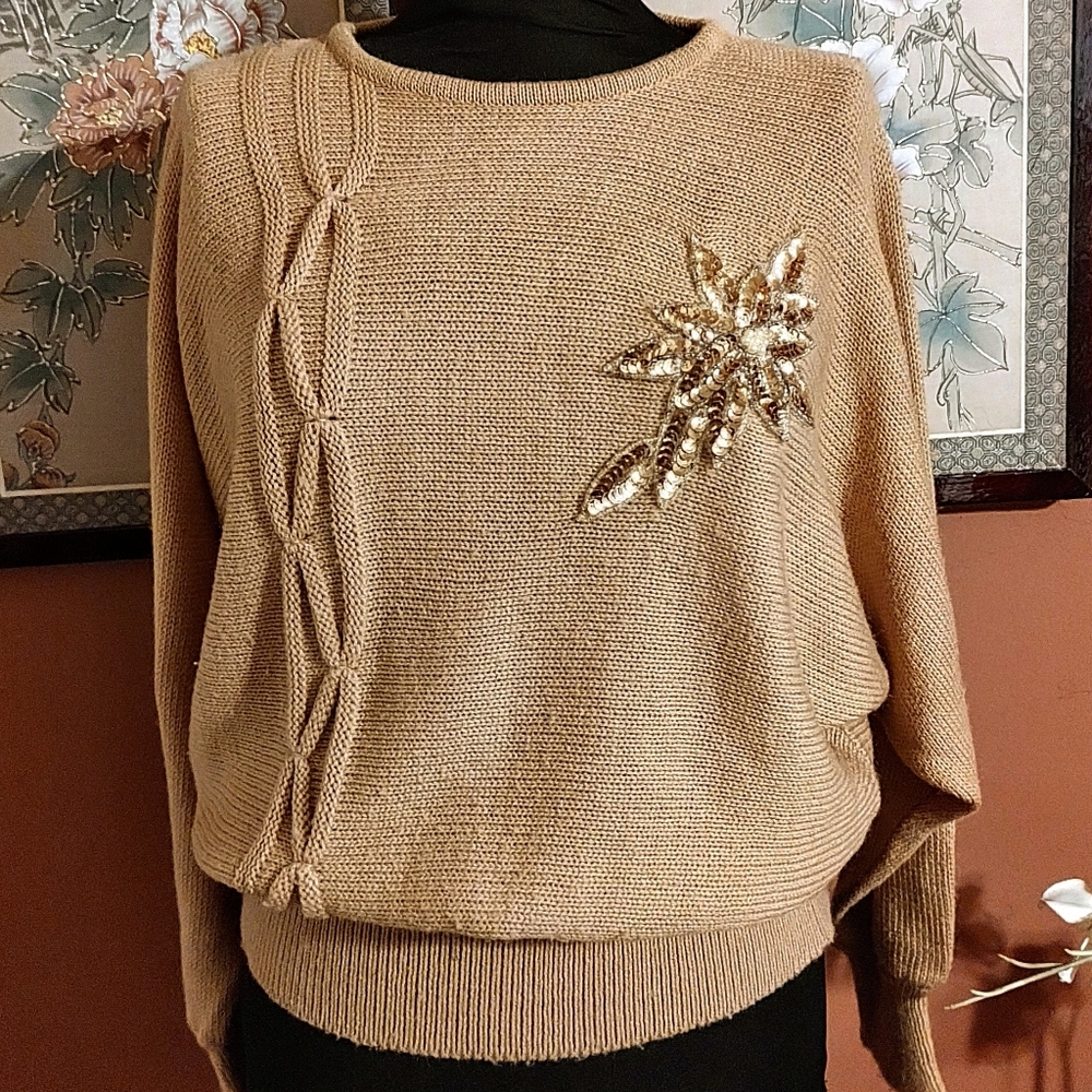 🔸🤎🔸Amazing Vtg 80's Mocha Caramel Tan Dolman Cable Knit Sequin Sweater - M/L - Picture 2 of 15